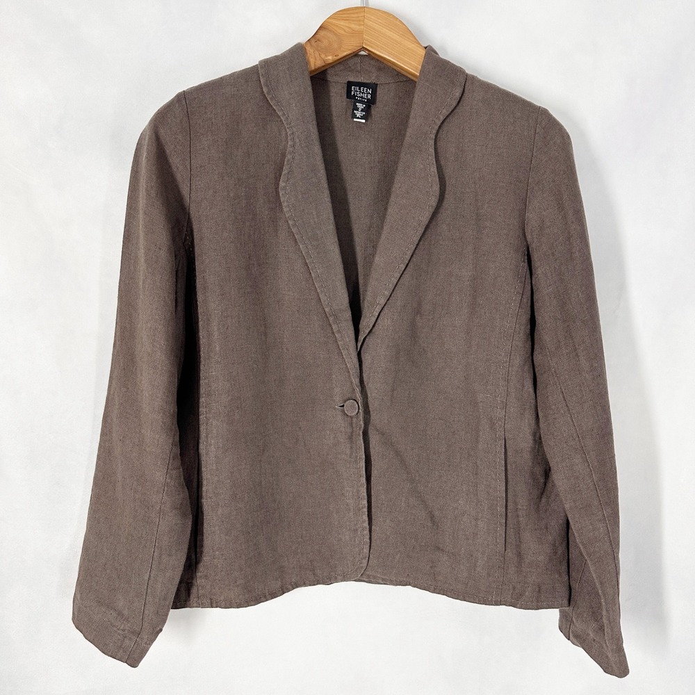 Eileen Fisher Irish Linen Gray Taupe Blazer Jacket Women's Size Petite Large